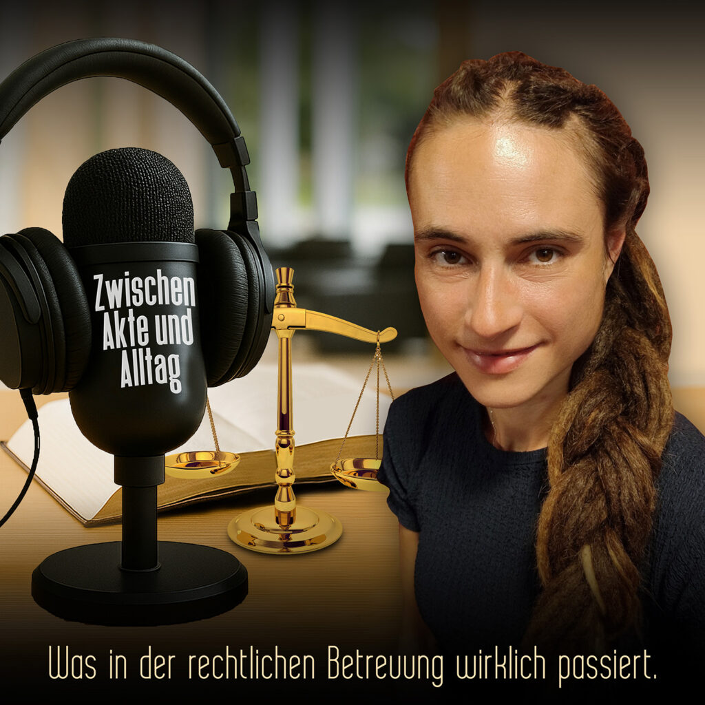 Externer Link: Öffnet in neuem Fenster zur Homepage von Madeline Frühwein. Foto von Madeline Frühwein mit einem Mikrofon auf dem steht "Zwischen Akte und Alltag". Und unten ist folgender Text platziert: "Was in der rechtlichen Betreeung wirklich passiert".